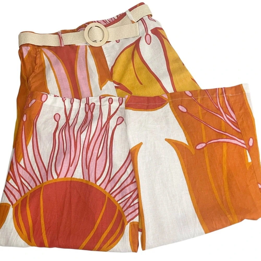 Rachel Zoe Tropical Print Linen Rayon Wide Leg Pants with Belt XL - Picture 11 of 11